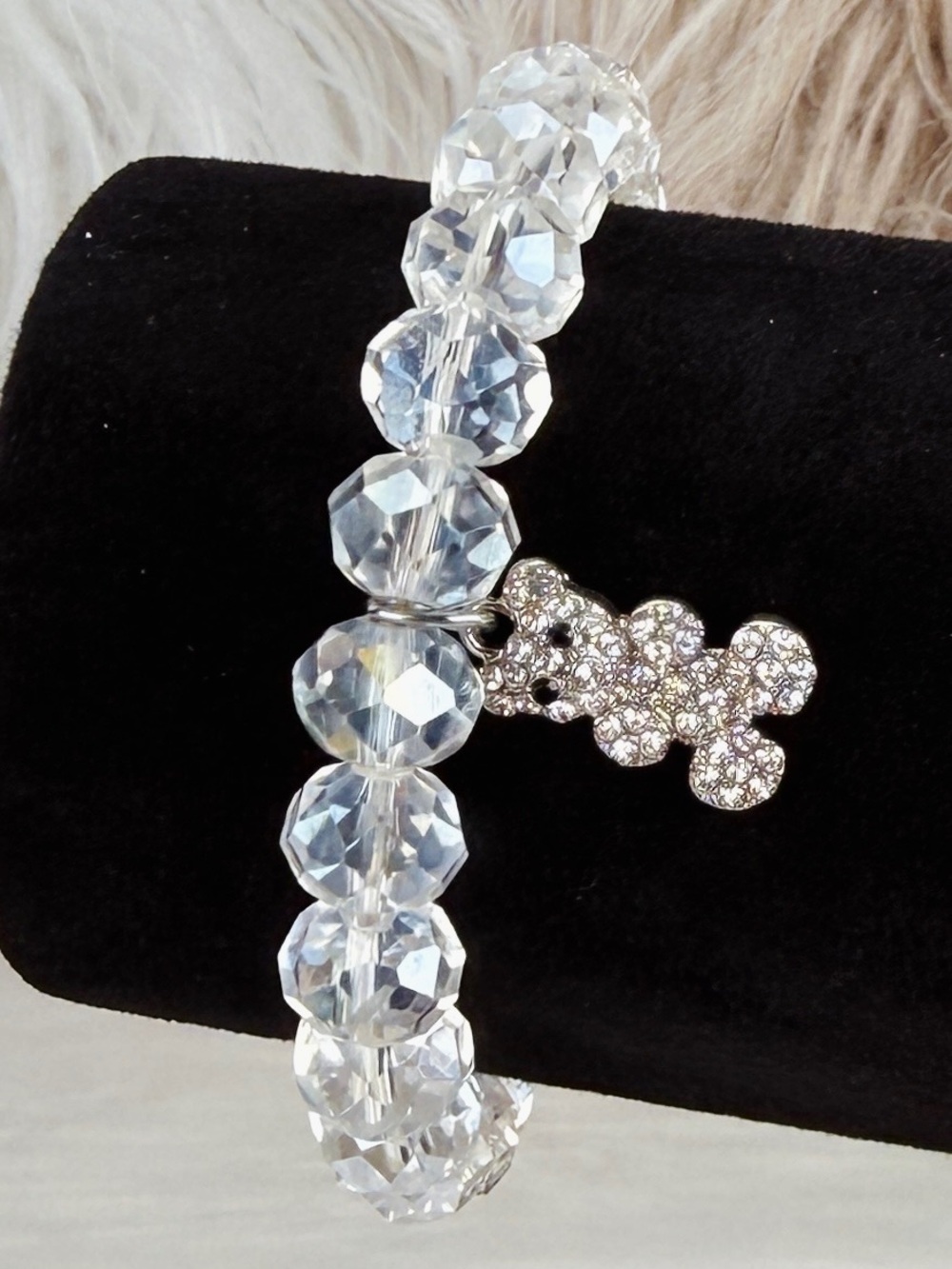 Vintage Clear Faceted Bead Teddy Bear Charm Stretch Bracelet